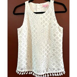 Vineyard Vines Women's White Lace Printed Sleeveless Lynn Top Small Fringe Hem